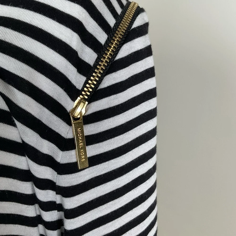 Michael Kors Womens Multi Striped Ruched Knit Zipped Shoulder 3/4 Sleeve Top LRG